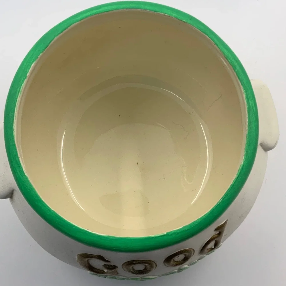 Vintage Good Luck Shamrock Cauldron Ceramic Planter White Green Gold 3.5in
